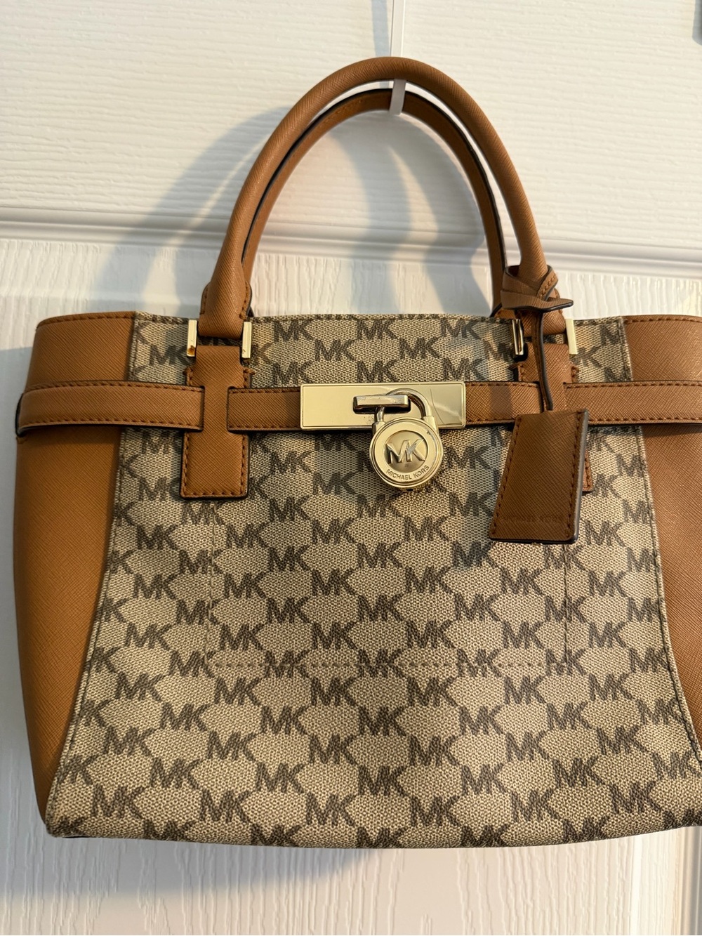 Michael Kors Signature MK Logo Satchel in Brown and Tan